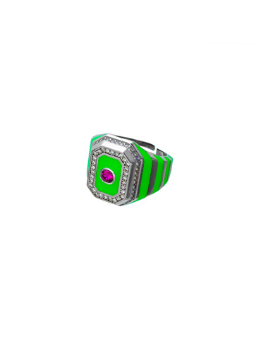 Кольцо Ситрисия  из серебра с зеленой эмалью и красным цирконом
