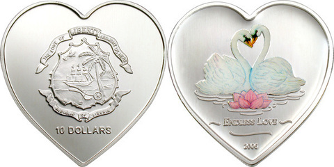 10 долларов 2007 Либерия. Лебеди. Бесконечная любовь. Сердце Серебро. PROOF