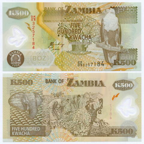 Банкнота Замбия 500 квача 2011 год DK/03 3257184. UNC (пластик)