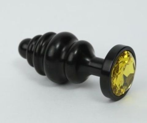 Чёрная ребристая анальная пробка с жёлтым кристаллом - 7,3 см. - 4sexdreaM 47427-9