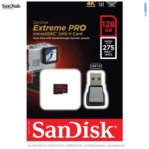 Карта памяти Sandisk microSDXC 128GB Extreme PRO 275MB/s UHS-II с адаптером USB 3.0 micro SD