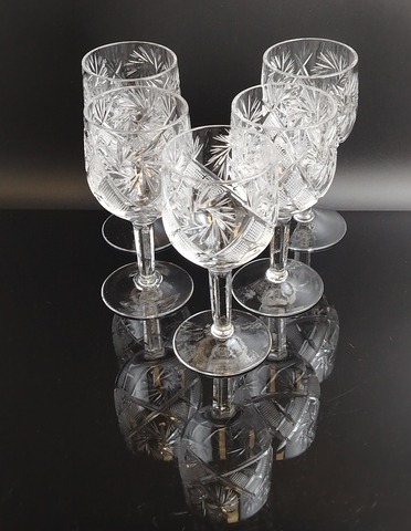 Бокалы хрустальные набор из 5 штук, алмазная грань, геометрический орнамент, винтаж СССР 1970-1990 гг