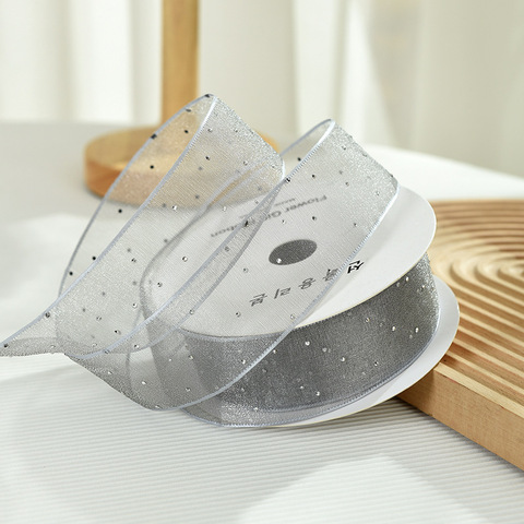 Лента органза со стразами (4см*9,14м), Серебро, 1 шт.