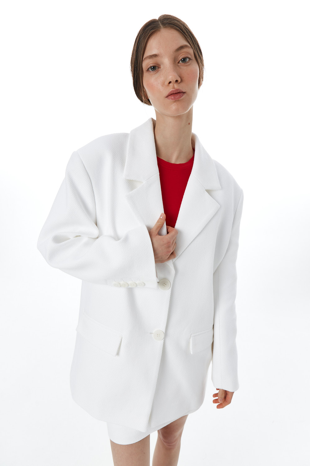Пальто-пиджак женское, хлопковая шанель, белая рогожка