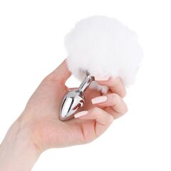 Серебристая анальная пробка с белым хвостом - 