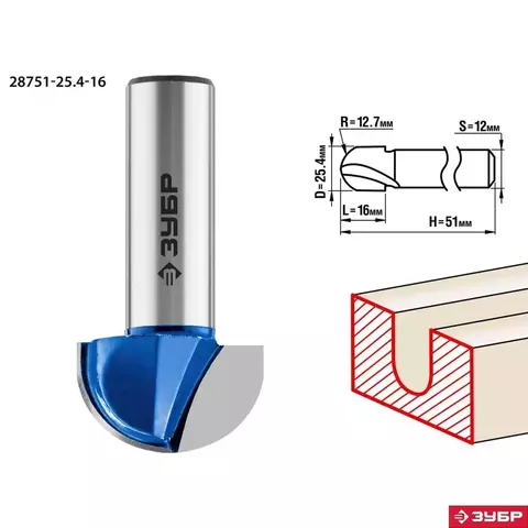 ЗУБР 25.4x16мм, радиус 12.7мм, фреза пазовая галтельная