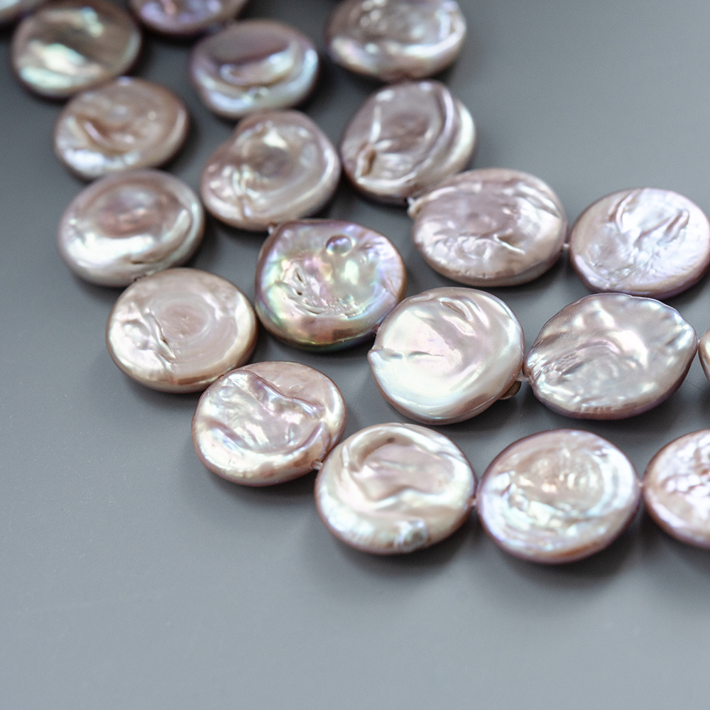 Жемчуг барочный в форме монетки, 16-17мм, золотисто-розовые, с эффектом хамелеона