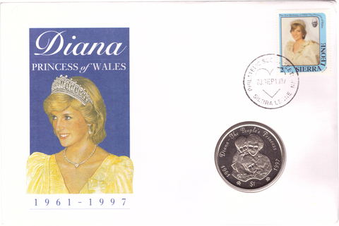 1 доллар 1997 Сьерра-Леоне. В память принцессы Дианы. BrUNC В конверте со спецгашением