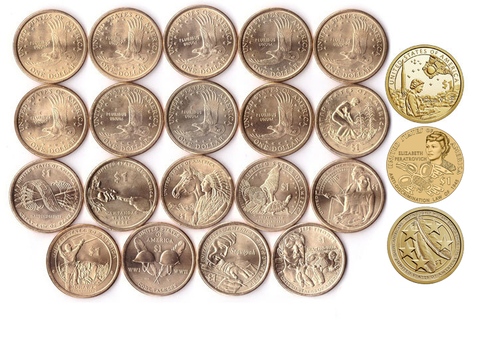 Набор 1 доллар. Сакагавея из 22 монет. 2000-2021 гг. (Двор P)