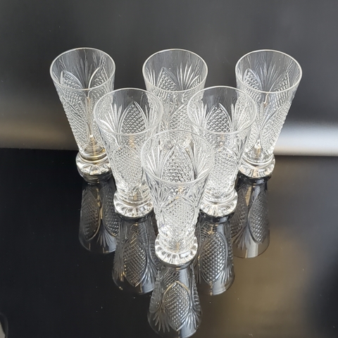 Стопки набор из 6 штук хрустальные, алмазная грань, шикарный геометрический орнамент, 13 см, (объём-? мл), Чехословакия, винтаж времен СССР 1970-1990 гг