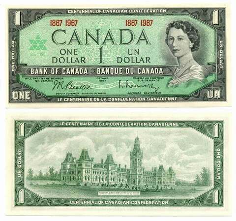 Юбилейная банкнота Канада 1 доллар 1967 год. 100 лет Конфедерации. UNC