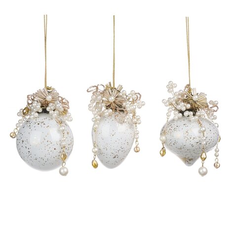 Шарики 3шт 9см Goodwill с верхушкой из бусин белые с золотом