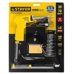STAYER PROTerm 30Вт + 70Вт 2в1 с пистолетной рукояткой, конус, оловоотсос + подставка + припой, Набор для паяльных работ (55315-70-H4)