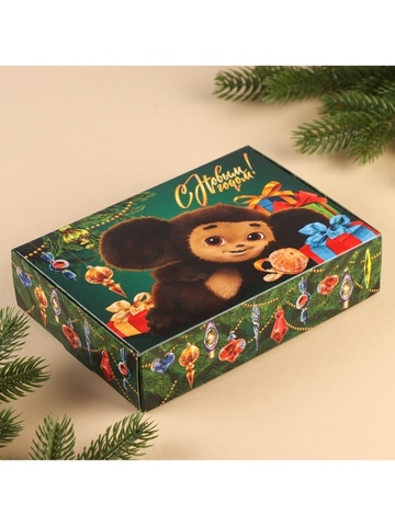 Коробка самосборная одиночная Прямоугольник, 21*15*5 см, «С Новым годом!», Чебурашка, 1 шт.