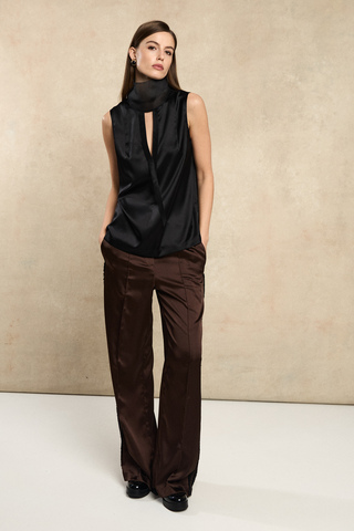 Брюки коричневые атласные с лампасами