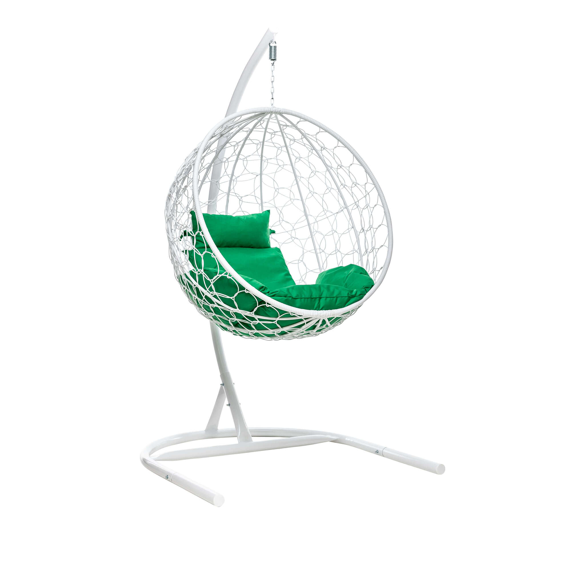 Белое подвесное кресло с зеленой подушкой
