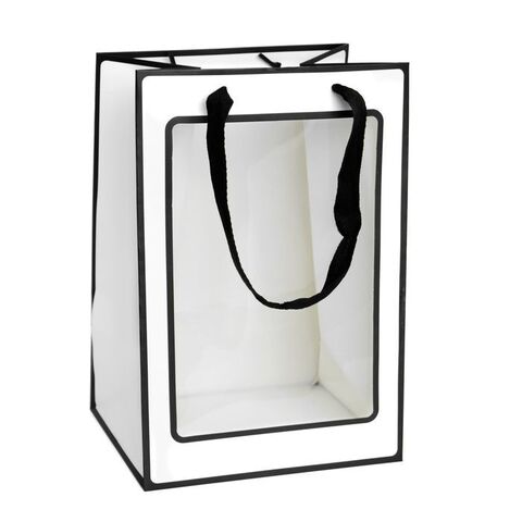 Пакет подарочный M вертикальный с окном, Белый/Черный кант, 20*30*16 см (Д*В*Ш)