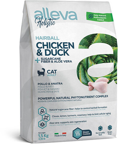 Alleva Holistic Cat Chicken & Duck + Sugarcane fiber & Aloe vera Hairball, сухой (1,5 кг)