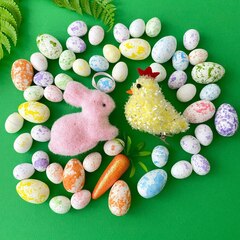 Пасхальный набор, Яйца + морковка + зайка + курочка., праздничный декор, набор более 50 предметов.