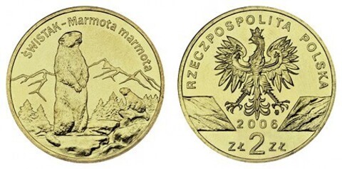 2 злотых Альпийский сурок (животный мир) 2006 год, Польша. UNC