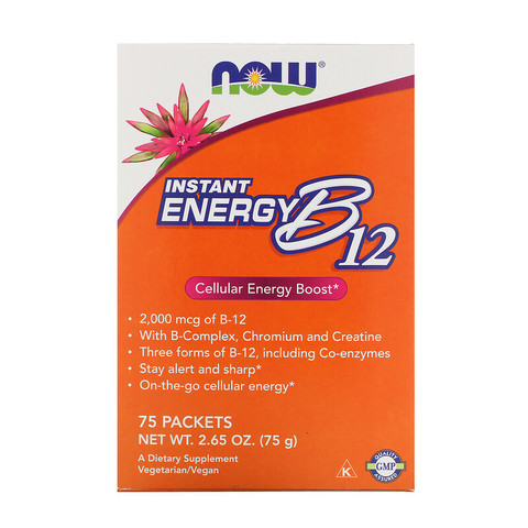 Now Foods, мгновенный прилив энергии B12, 2000 мкг, 75 пакетиков по 1 г