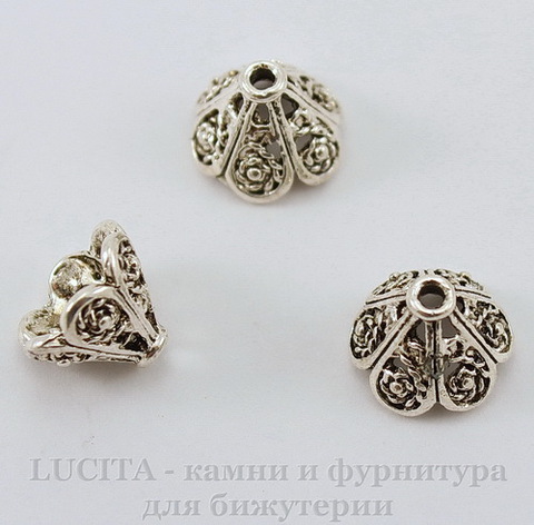 Шапочка для бусины (цвет - античное серебро) 11х8 мм, 10 штук ()