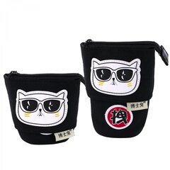 Пенал - тубус складной, Alingar, ПВХ, молния, 115 х 120 мм ( 115 х 170 мм), "Cat", черный (белый кот в квадратных черных очках)