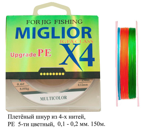 Плетёный шнур из 4-х нитей, 5-ти цветный, 0.20мм, 150м, 15кг (мультиколор)