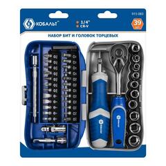 Набор бит и головок с трещоткой КОБАЛЬТ 39 пр.,CR-V (24 биты, 9 головок, трещотка, отв.рук., 2 удл., шарнир, держ.бит) (915-083)