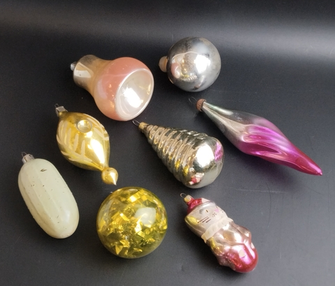 Ёлочные игрушки набор из 8 разных больших, шарики, колокольчик, сосулька и др, стекло, роспись, узоры, подвесные, винтаж СССР 1960-1990 гг