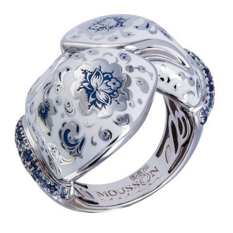 Кольцо Варежки с сапфирами и эмалью, белое золото 750, R0096-1/8