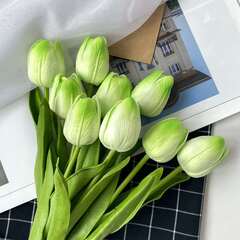 Тюльпаны искусственные, силиконовые, как живые, Бело-зеленые, 34см , букет 9 тюльпанов.