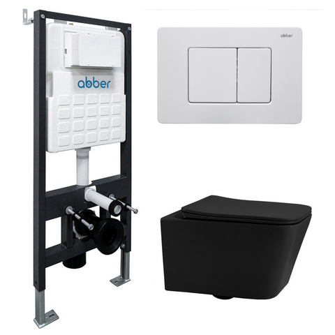 Abber AC1201MB-AC0105-AC0120MW Комплект подвесной унитаз Abber Rechteck AC1201MB черный матовый с инсталляцией AC0105 и кнопкой AC0120MW белая матовая