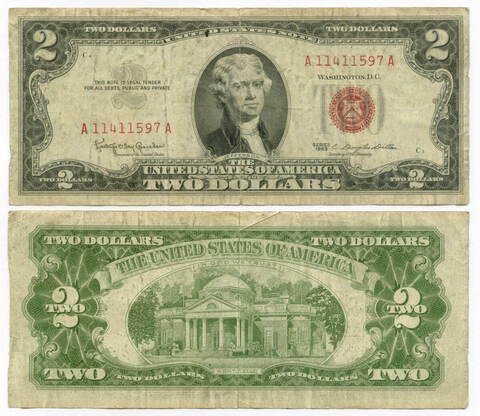 Банкнота США 2 доллара 1963 A 11411597 A. VG-F