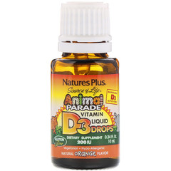 Nature's Plus, Source of Life, «Парад животных», витамин D3, жидкие капли, натуральный апельсиновый вкус, 200 МЕ, 0,34 жидк. унций (10 мл)