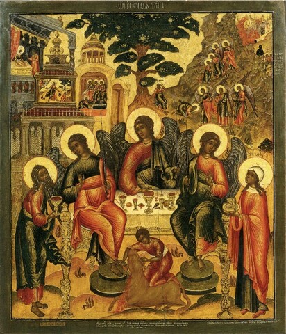 Икона Троица Ветхозаветная или Гостеприимство Авраама на дереве на левкасе Иконный Дом