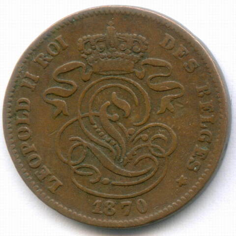 2 сантима 1870 год. Бельгия (Леопольд II). Надпись на французском - DES BELGES. Медь, диаметр 21.5 мм. VF