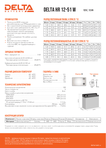 Аккумуляторная батарея DELTA BATTERY HR 12-51 W
