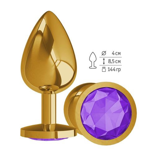 Золотистая большая анальная пробка с фиолетовым кристаллом - 9,5 см. - Джага-Джага Анальные втулки с кристаллом 530-08 purple-DD