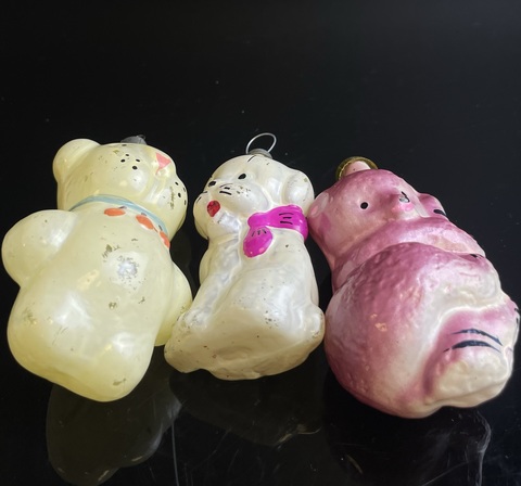 Ёлочные игрушки набор из 3х разных, мишка на березе, собачки, стекло, подвесные, винтаж СССР 1960-1980 гг
