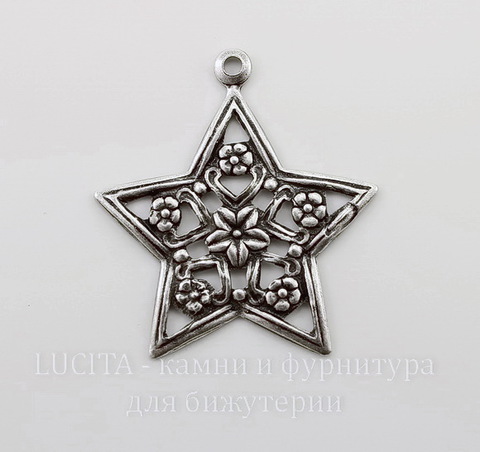 Винтажный декоративный элемент - подвеска "Звезда" 31х28 мм (оксид серебра)