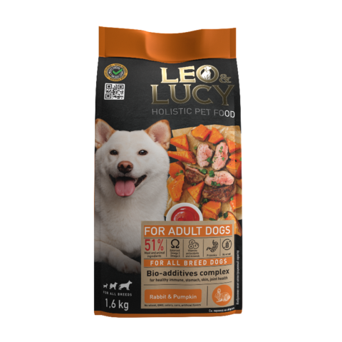 LEO&LUCY сухой холистик корм полнорационный для взрослых собак всех пород с кроликом, тыквой и биодобавками, 1,6 кг