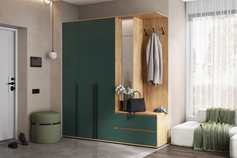 Прихожая Норд №4 (Изумрудный (КРОМКА ИЗУМРУД), Дуб Крафт)