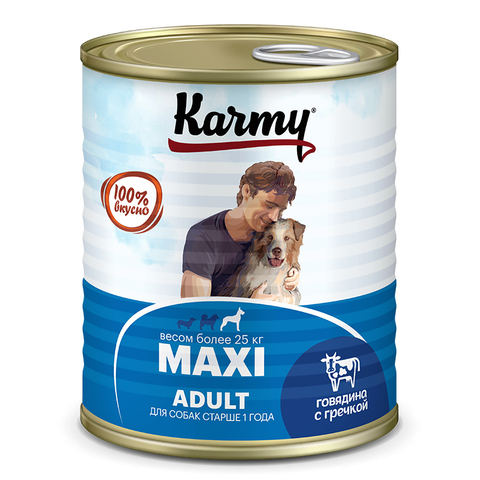 Консервированный корм KARMY, для взрослых собак крупных пород, с говядиной и гречкой, 850 г (Карми)