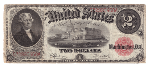 2 доллара 1917 год США Джефферсон Капитолий. Редкая банкнота F-