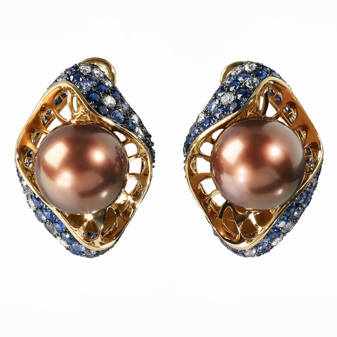 Серьги с шоколадным морским жемчугом, сапфирами и бриллиантами, E0250-3/1