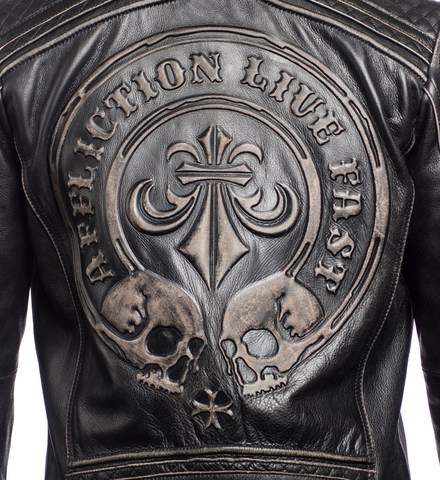 Affliction | Куртка мужская кожаная LEMMY LEATHER JACKET 110OW145 принт на спине 2 черепа