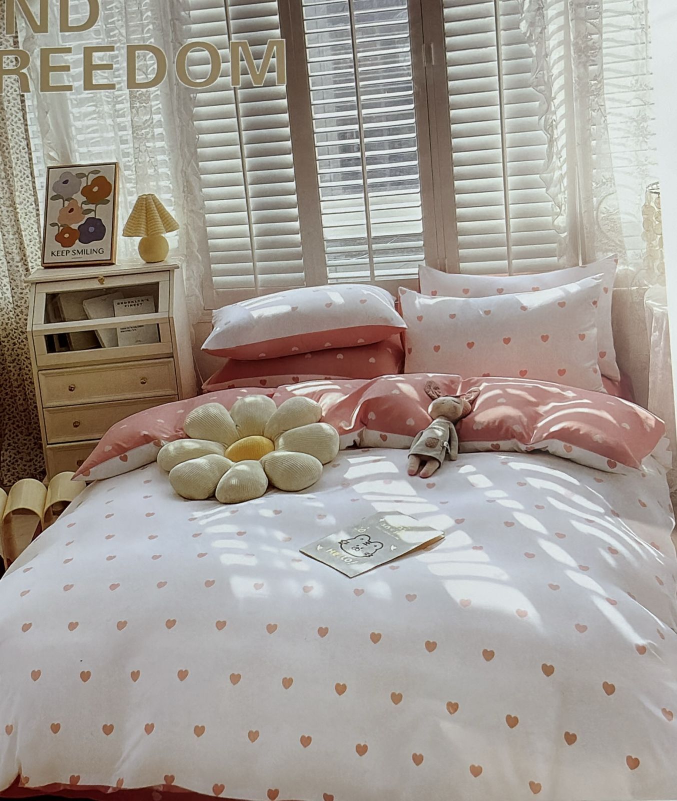 Комплект двуспальный Корейский хлопок Белый с розовым сердечки
