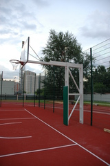 Стойка Г-образная баскетбольная уличная стационарная, вынос 325см. (щит 1800х1050мм. поликарбонат 10мм, амортизационное кольцо, сетка).