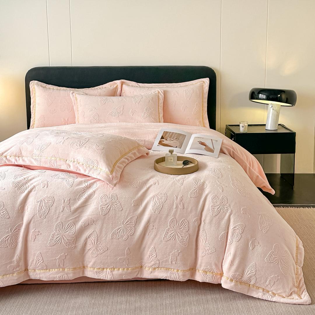 Постельное белье двуспалка Велюр Розовый бабочки